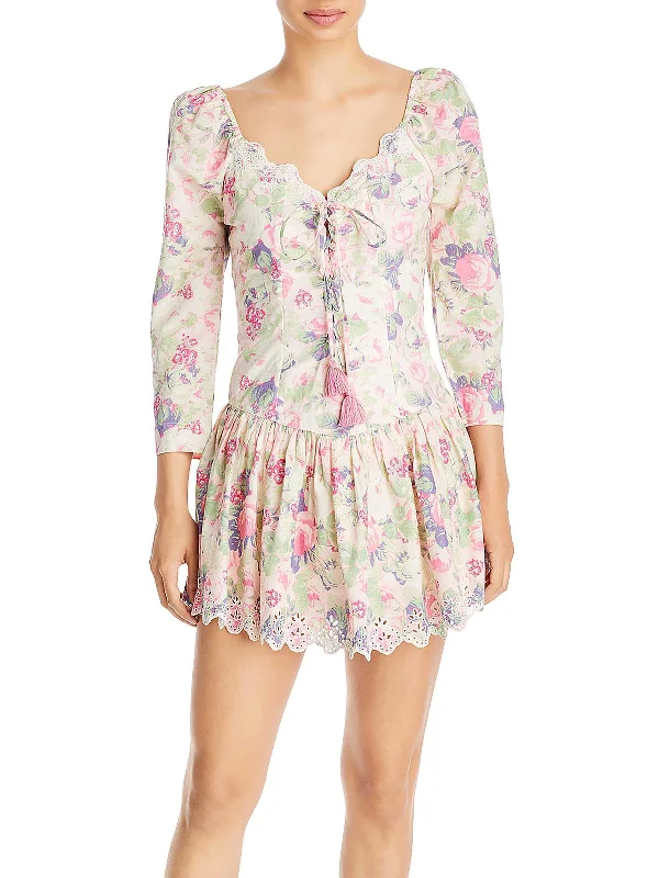 Flowy DressDeeba Womens Floral Lace-Up Mini Dress