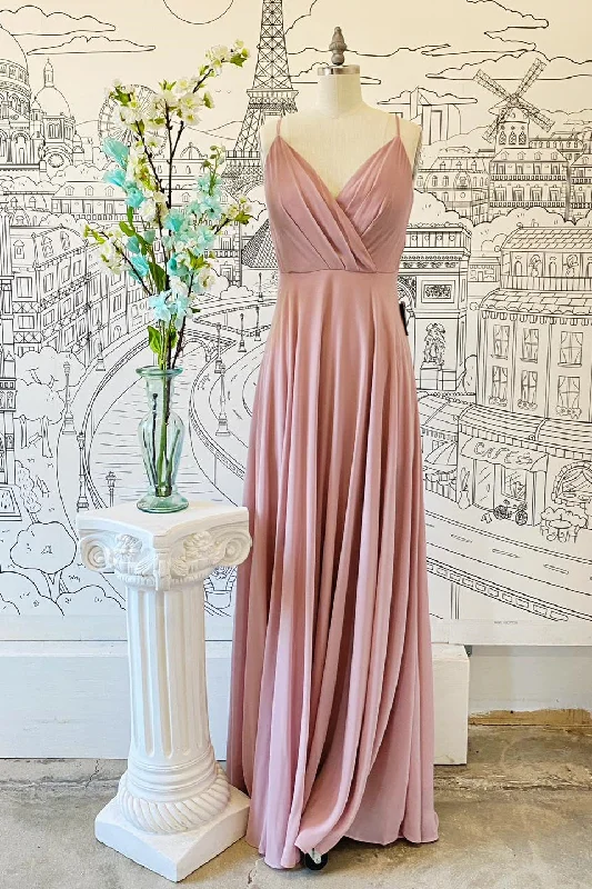 women's neon dressesPink V Neck Spaghetti Straps Pleated Chiffon Long Bridesmaid Dress