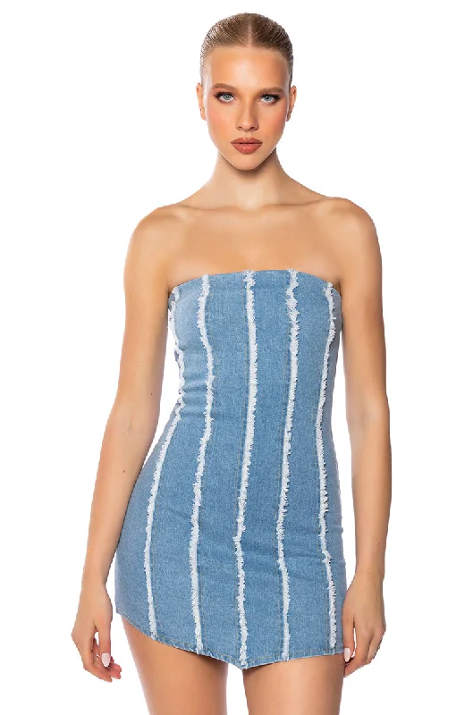 Glitter DressWANT IT ALL STRAPLESS DENIM MINI DRESS