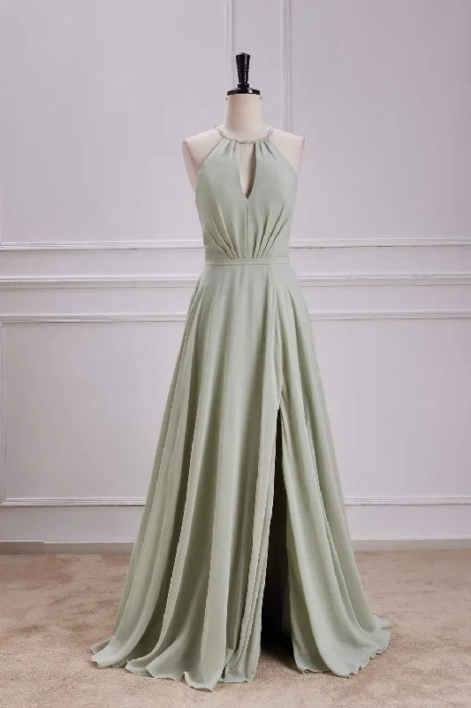 women's easy-to-wear dressesDusty Sage Keyhole A-line Halter Long Bridesmaid Dress with Slit