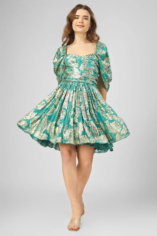 Beaded DressSydney Metallic Printed Mini Dress in Aqua Green