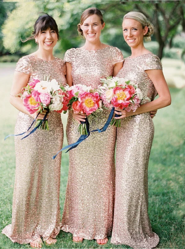 Silk DressChic Mermaid Long Sequins Rose Gold Bridesmaid Dress With Cap Sleeves