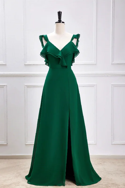 Pearl DressGreen Flutter Sleeves Ruffled A-line Long Bridesmaid Dress with Slit