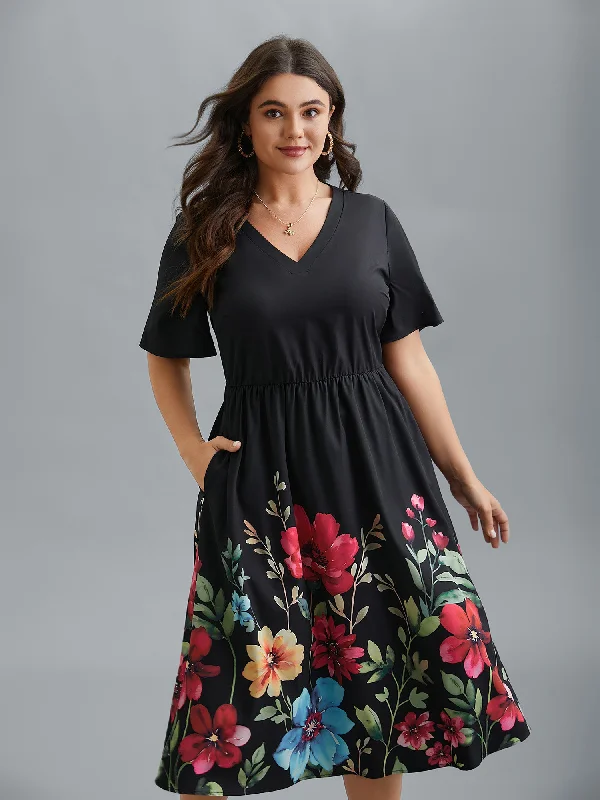 women's cinched-waist dressesFloral Print V-Neck Half-Sleeve Midi Dress