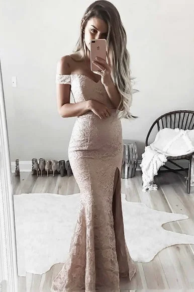 Peplum Hem DressElegant Off Shoulder Mermaid Pink Lace Bridesmaid Dress with Slit