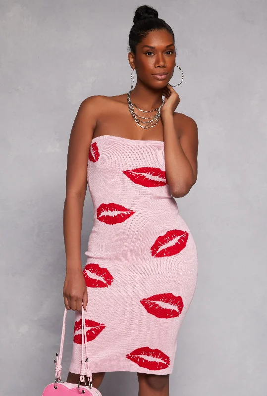 Ruffled Hem DressLip Print Midi Tube Dress