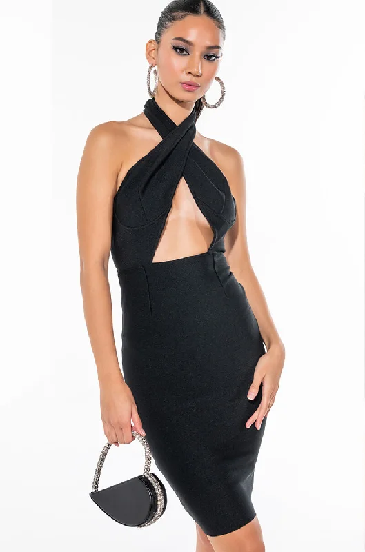 Beaded DressSTEAL YOUR MAN CROSS FRONT BANDAGE MIDI DRESS