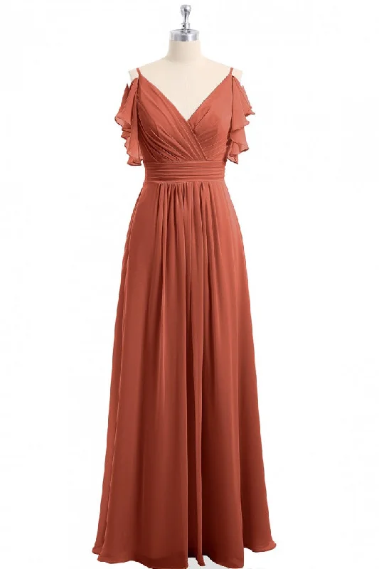 women's travel dressesRust Orange Cold-Shoulder A-Line Long Bridesmaid Dress