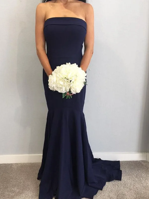 women's flutter-sleeved dressesStrapless Mermaid Navy Blue Long Bridesmaid Dress