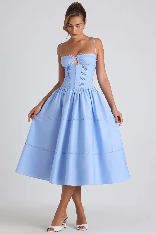 women's stretchy dressesLace-Trim Pintucked Poplin Midaxi Dress in Sky Blue