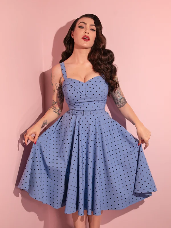 women's eco-friendly dressesCOMING BACK SOON - Maneater Swing Dress in Sunset Blue Polka Dot - Vixen by Micheline Pitt