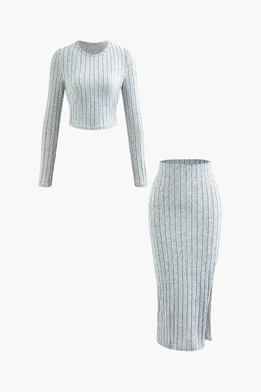 women's made-to-order dressesSolid Rib Knit Round Neck Long Sleeve Top And Slit Skirt Set