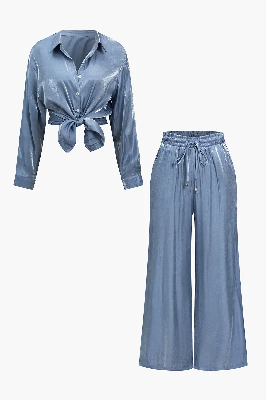 Chic DressBasic Solid Shiny Shirt And Loose Trouser Set