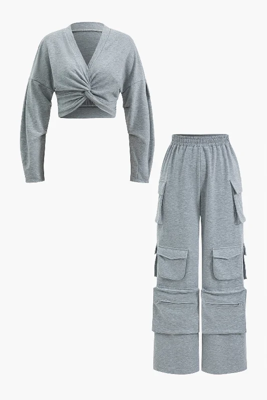 High-Low DressTwisted Knot Top And Pocket Trousers Set