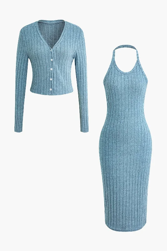 women's unique dressesRibbed Cardigan And Halter Dress Set