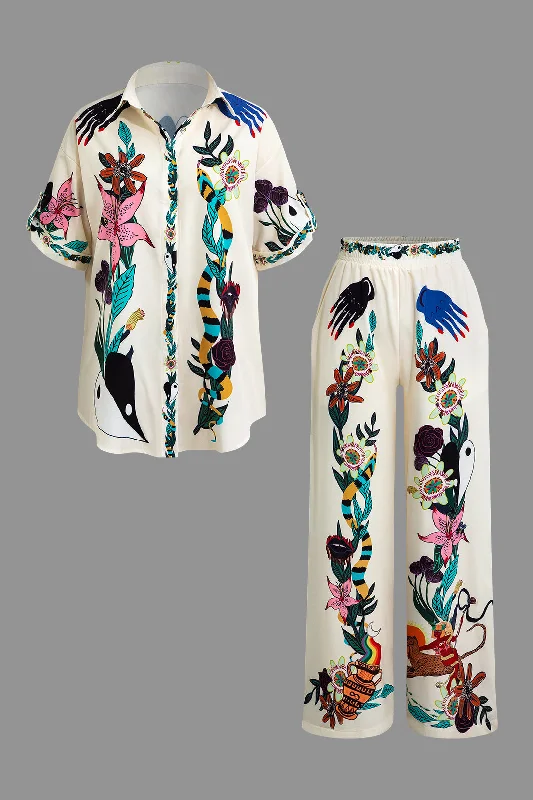 women's lace-up dressesFloral Print Shirt And Pants Set