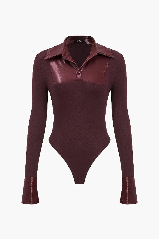 women's pear-shaped body dressesPatchwork Long Sleeve Faux Leather Bodysuit