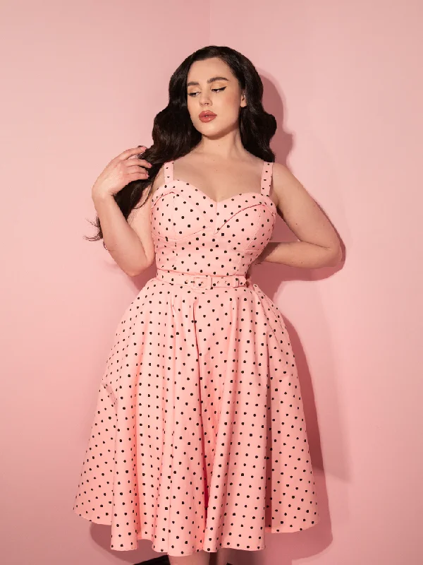 women's cotton dressesCOMING BACK SOON - Maneater Swing Dress in Rose Pink Polka Dot - Vixen by Micheline Pitt