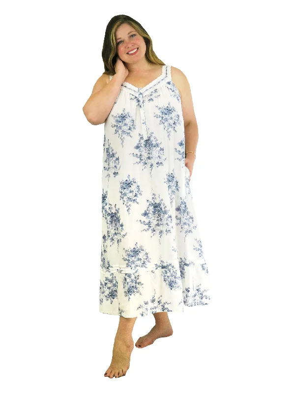 women's work dressesPlus Size 100% Cotton Lace Trim Flounce Gown- Blue and White Floral Print