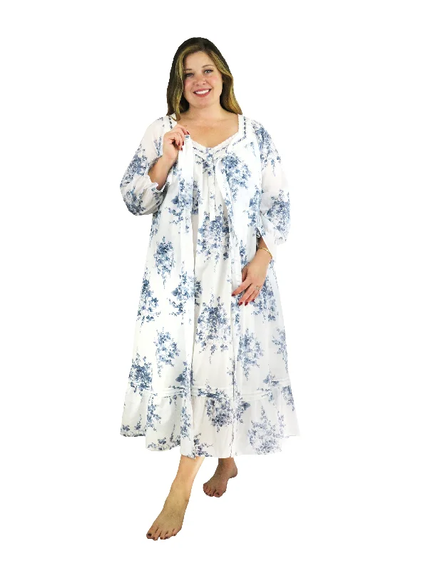 women's vacation dressesPlus Size 100% Cotton Lace Trim Flounce Robe Gown- Blue and White Floral Print