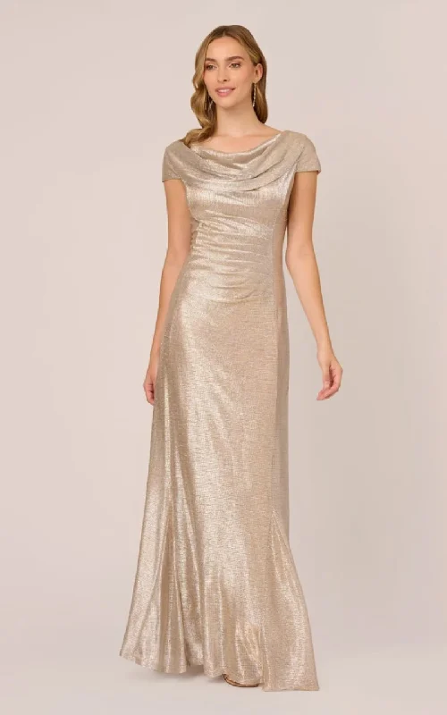 Casual Chic DressAdrianna Papell- Metallic Foil Knit Draped Long Gown