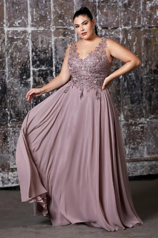 Peter Pan Collar DressCinderella Divine CD9177 Long Chiffon V-Neck Prom Sleeveless Formal Dress