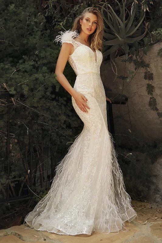 Bohemian DressCinderella Divine C57W Embellished Mermaid Feather Bridal Gown