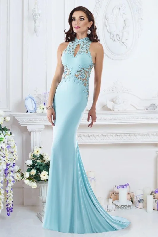 Prom DressJanique - W974SC Embroidered Halter Mermaid Gown In Aqua