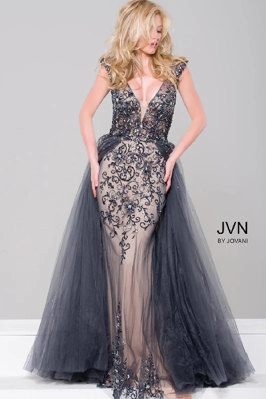 Flutter-Sleeve DressJovani 46081 Long Embellished Column Prom Dress