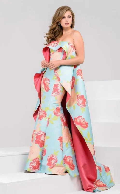 Satin DressJovani 50970 Strapless Floral Caped Long Gown