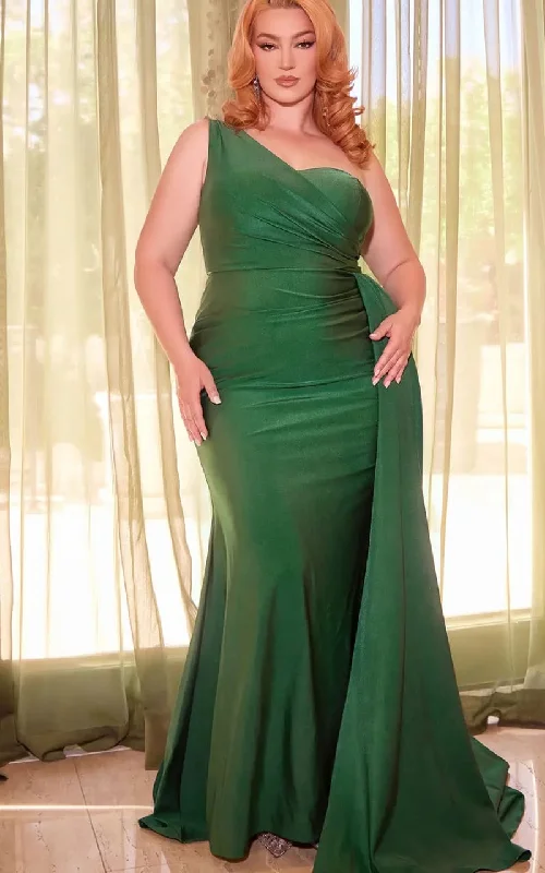 women's business casual dressesLadivine - Fitted Stretch Satin One Shoulder Gown in Emerald