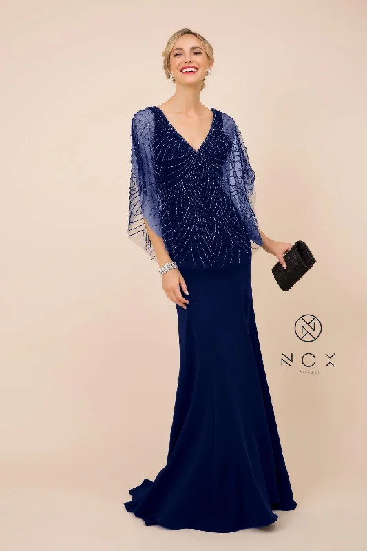 Vintage DressLong Fitted V-Neck Formal Dress with Beaded Cape Prom Sale