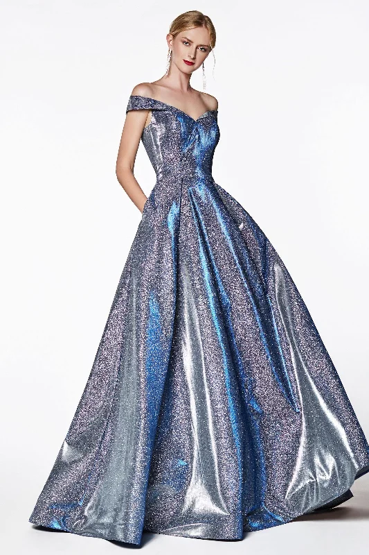 Zipper DressCinderella Divine CB0036 Long Off Shoulder Prom Glitter Metallic Ball Gown