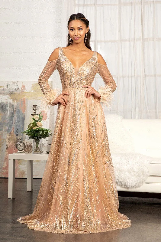 Plunging Neckline DressLong Sleeves Glitter A Line Long Prom Dress