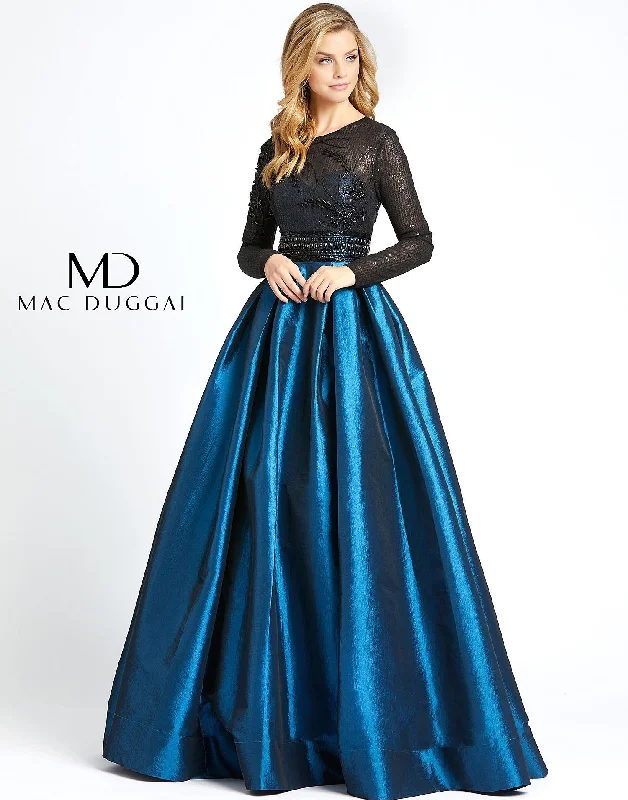 Satin DressMac Duggal 62883 Long Sleeve Beaded Lace Ball Gown