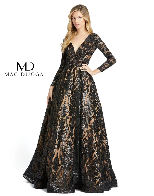 Mac Duggal Long Sleeve Sequins Deep V Neck Ballgown