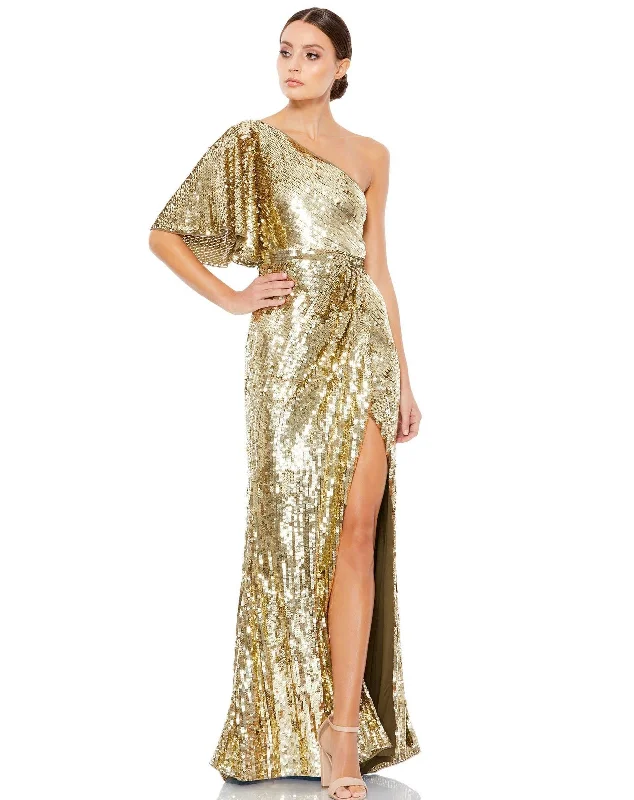 Jersey DressMac Duggal 93540 Long One Shoulder Bell Sleeve Gown