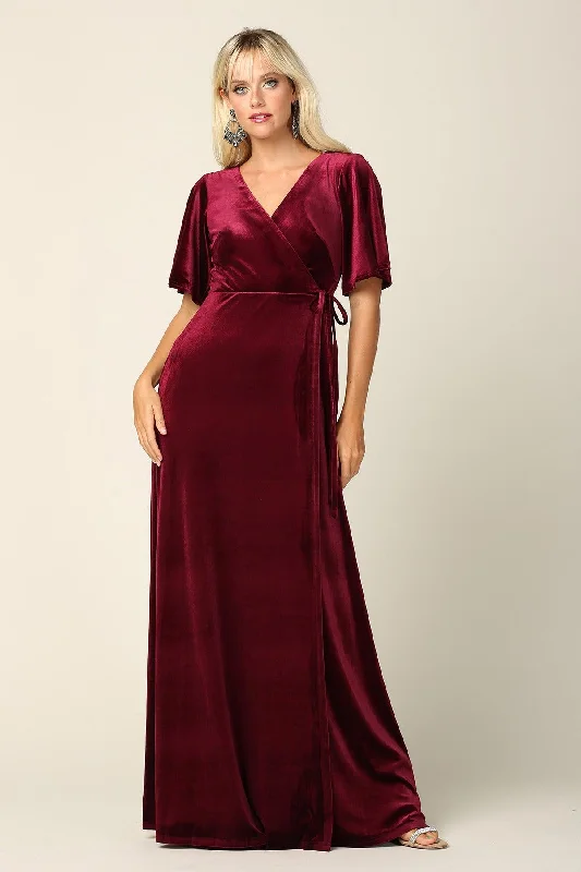 Mother of the Bride Long Flutter Sleeve Velvet Gown