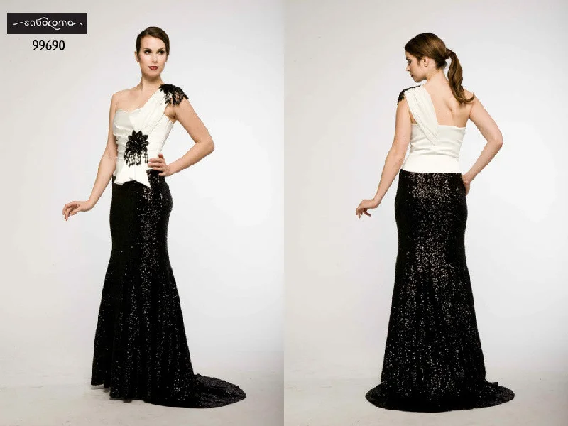 women's easy-to-wear dressesSaboroma 99690 Jazzy Black and White One-Shoulder Sequenced Gown