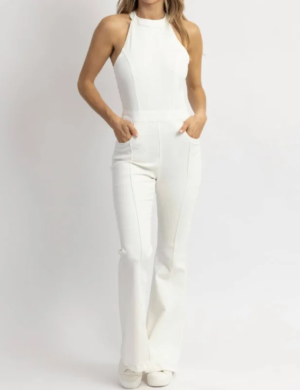 women's jumpsuits for petite womenAlia Halterneck Zippered Denim Jumpsuit In White