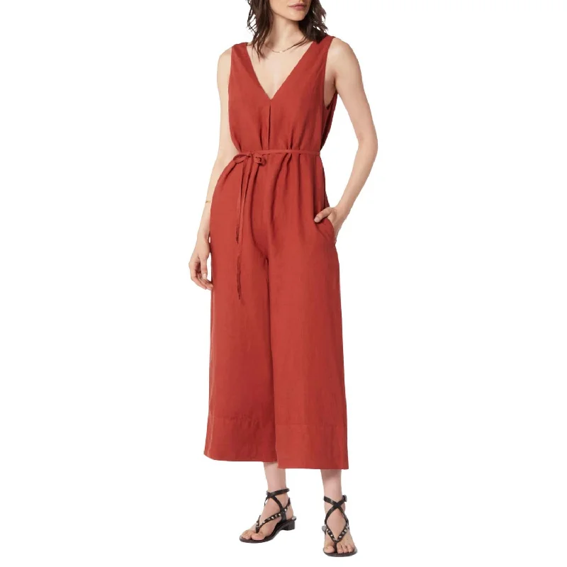 women's jumpsuits with V-necksBrier Linen Jumpsuit In Burnt Henna Red