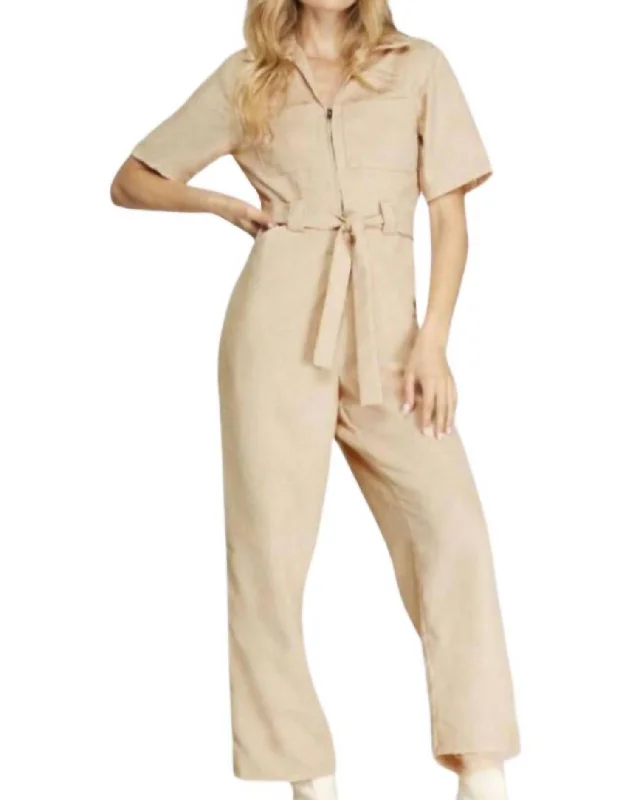 women's jumpsuits with pocketsCorduroy Belted Jumpsuit In Ecru