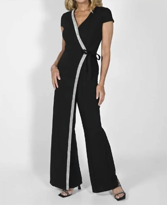 women's jumpsuits for petite womenCross Front Rhinestone Jumpsuit In Black