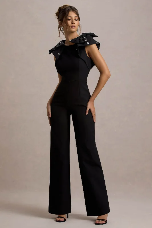 women's jumpsuits for apple-shaped bodiesElma | Black Straight-Leg Jumpsuit With Embellished Bows