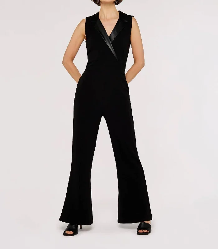 women's jumpsuits for fair-trade practicesFaux Leather Collared Jumpsuit In Black