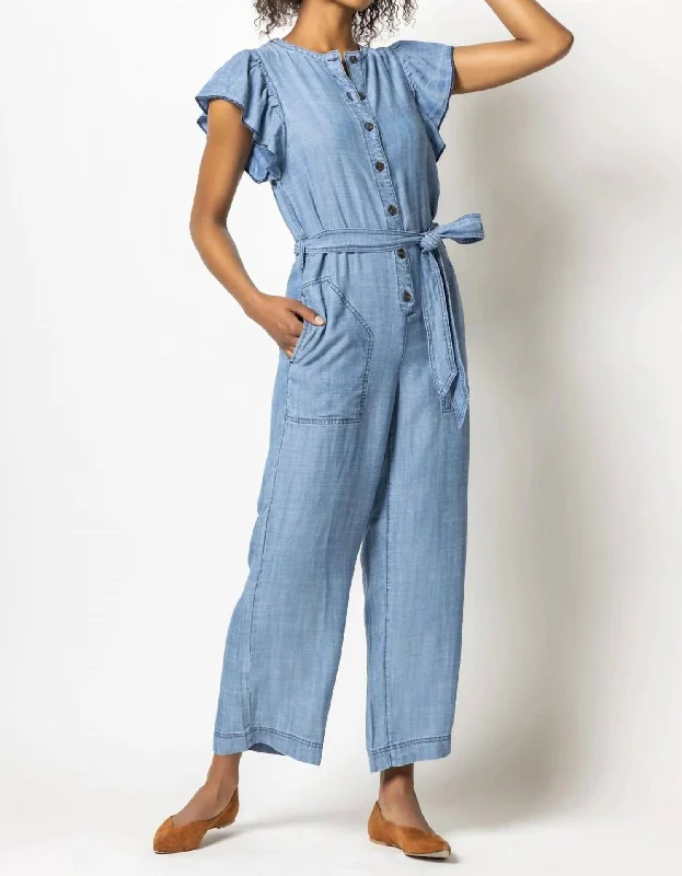 women's jumpsuits with bell sleevesFlutter Sleeve Jumpsuit In Washed Chambray