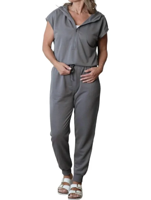 women's jumpsuits with V-necksFrench Terry Hooded Jumpsuit In Charcoal