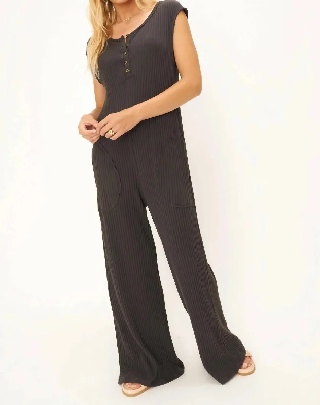 women's jumpsuits for casual gatheringsFrida Henley Sweater Rib Jumpsuit In Black