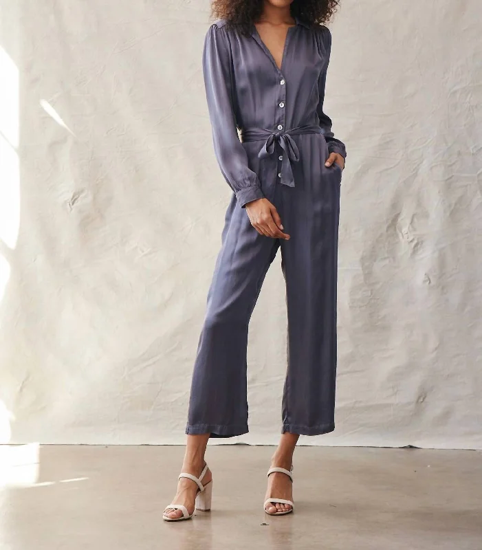 women's jumpsuits for maximalist fashionGathered Button Front Jumpsuit In Smoke Shadow