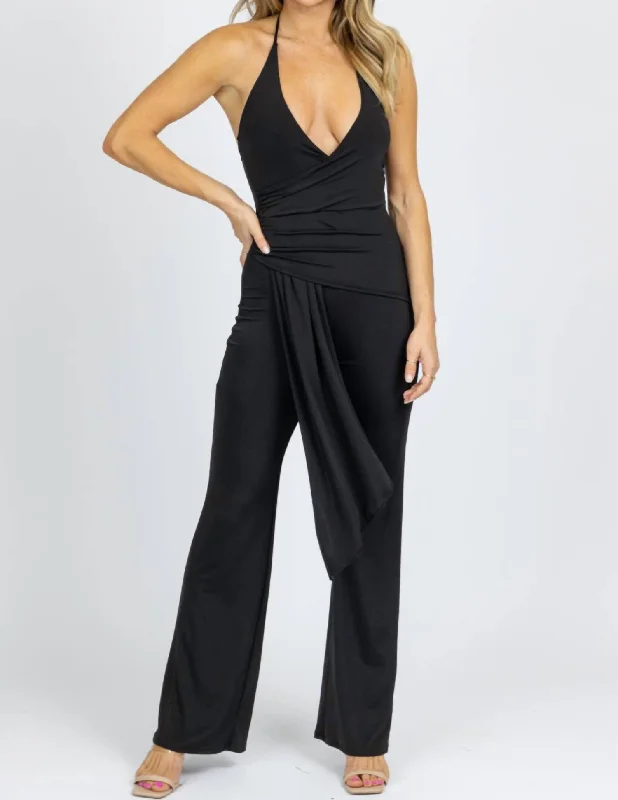 women's retro jumpsuitsHalter Ruche Front Jumpsuit In Black